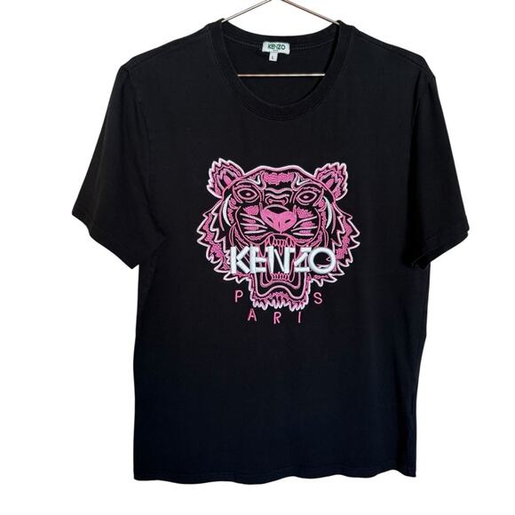 Kenzo Embroidered Black T-Shirt with Pink Tiger Design Size Large - Picture 1 of 4